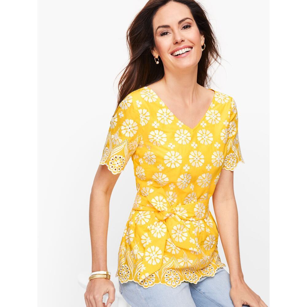 Talbots 100% Cotton Embroidered Border Peplum Top 10 Floral Belted Coastal